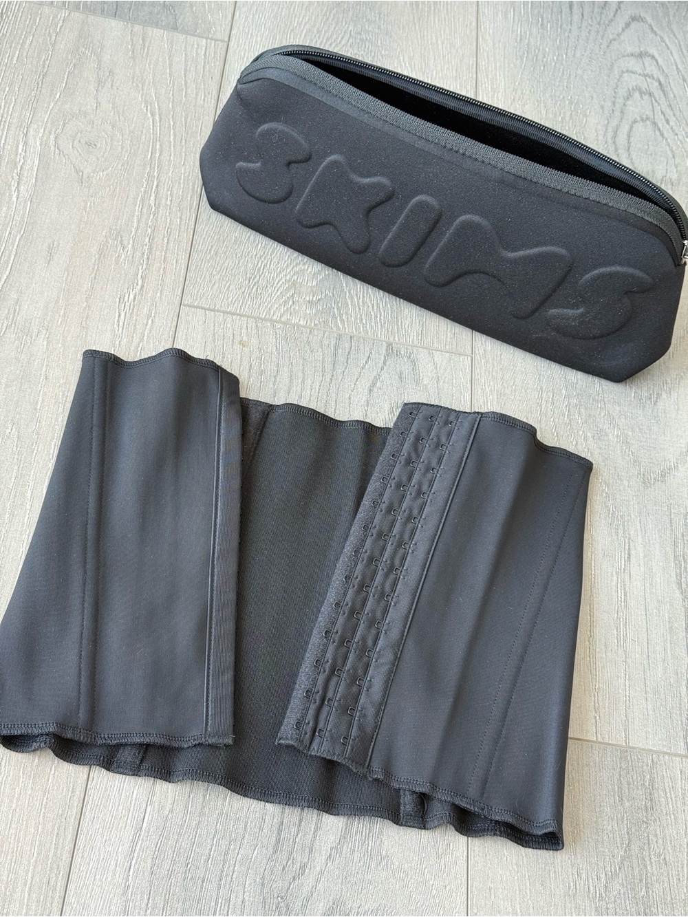 SKIMS Black Waist Trainer Cincher with Matching Zippered Pouch